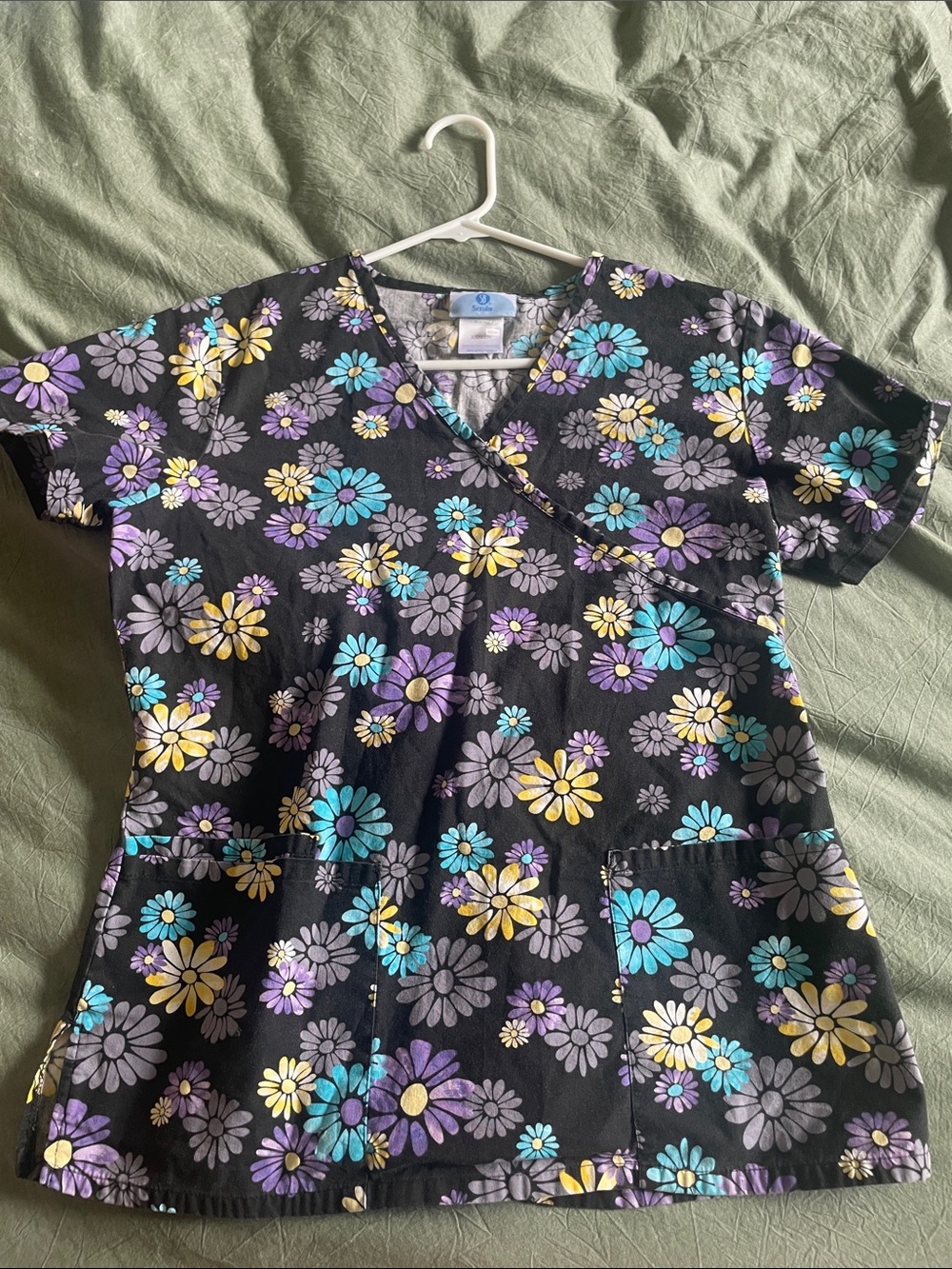 SB Scrubs Black Floral V-Neck Scrub Top with Turquoise, Purple & Yellow Flowers